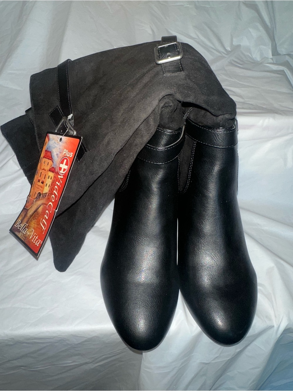Black Knee-High Leather Boots with Suede wide Cuff.